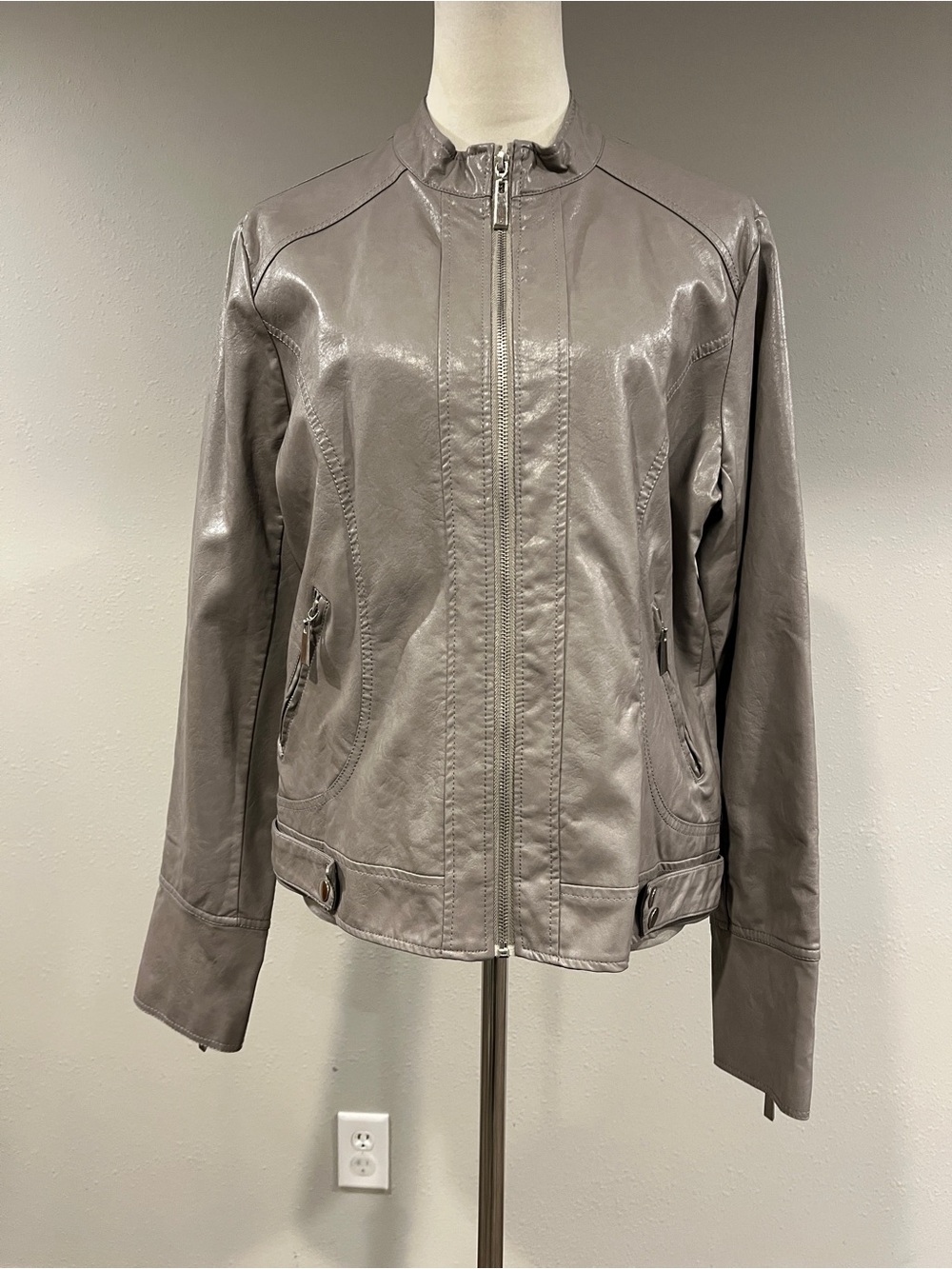 Gray tan faux Leather Zip-Front Jacket‎
